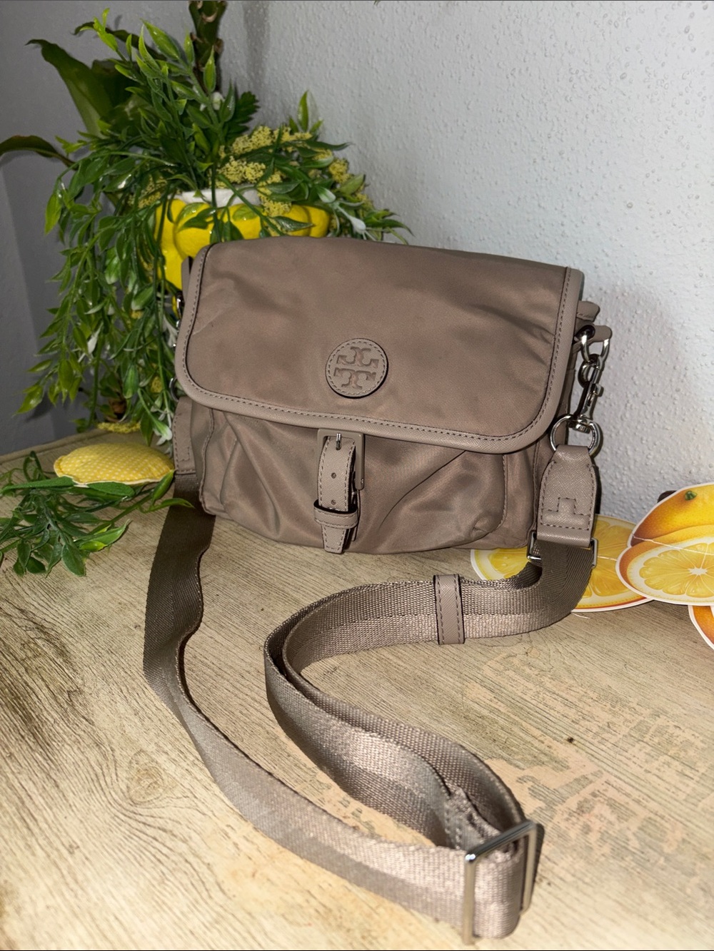 Tory Burch Taupe Nylon Crossbody Bag